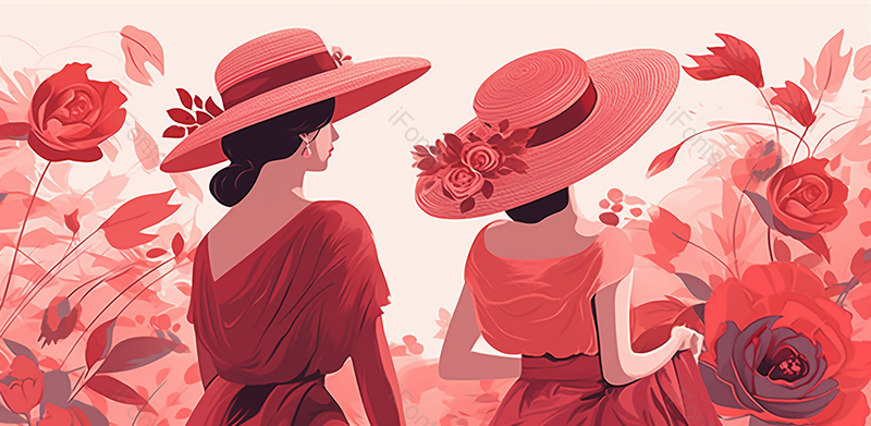 花海中两个戴帽子女子手绘场景,插画/手绘图,插画/手绘图库,插画/手绘图下载,插画/手绘